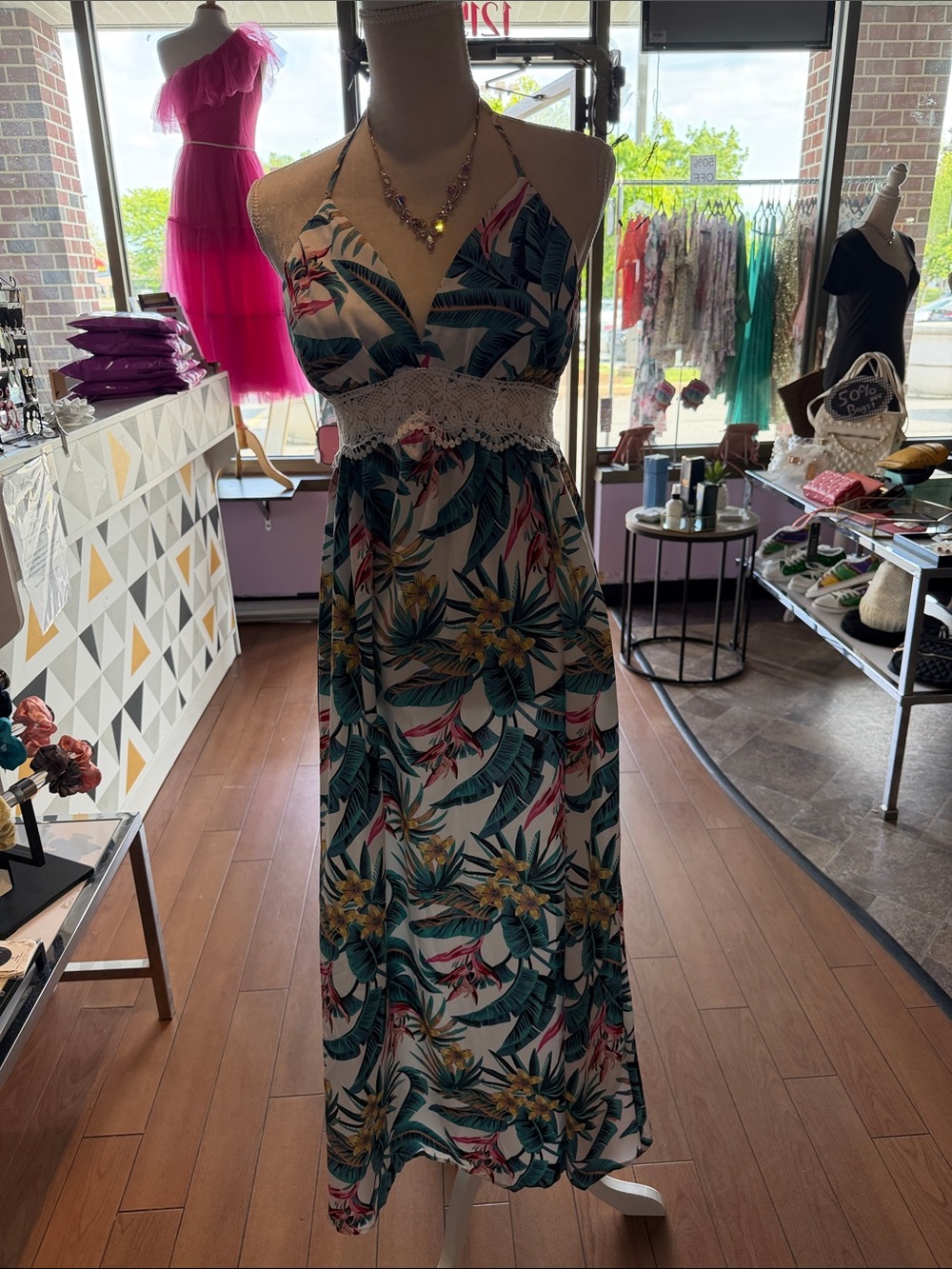 Tropical Halter Maxi Dress with Lace Waist